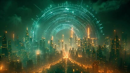 Aufkleber - A nocturnal skyline of a futuristic metropolis bathed in warm light and encircled by holographic rings.