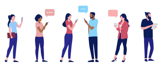 Fototapete - Vector people using phones and devices - Set of casual diverse characters men and women looking at smartphones in flat design vector illustration with white background