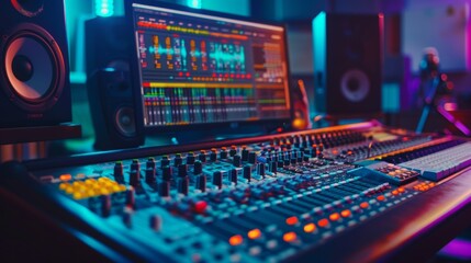 A sound engineer is working at a mixing console in a recording studio.