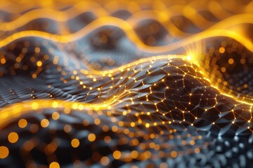 Wall Mural - an abstract image showcasing golden waves undulating over a dark hexagonal grid, indicating movement