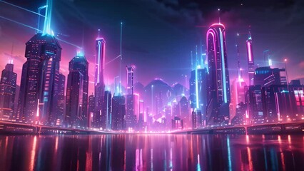 Aufkleber - A city of the future gleams with vibrant lights, showcasing a modern and technologically advanced urban landscape.