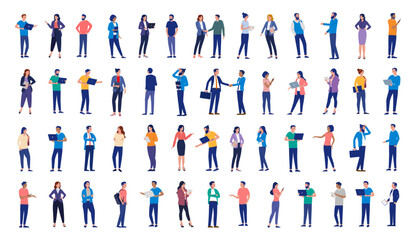 Aufkleber - Office businesspeople collection - Large group of diverse business people in various poses working with computers and devices. Flat design vector illustration set with white background
