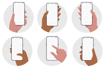 Aufkleber - Hand holding mobile phone vector mockups - Template illustration of  in oval frames with diverse hands using smartphones with blank empty screen in flat design front view design graphic