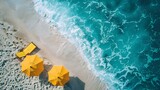 Fototapeta Londyn - AI generated illustration of an aerial view of yellow beach umbrellas by the ocean shore