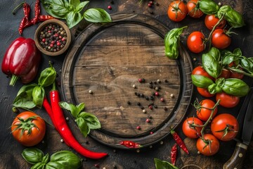 Round empty wooden cutting board on a stone dark tabletop with vegetables, top view