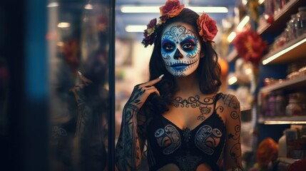 Wall Mural - Dark elegance captured in a close-up-a girl with sugar skull style makeup at the Mardi Gras festival, a vision of eerie celebration.