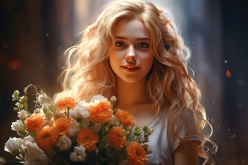 Canvas Print - A beautiful blonde with blue eyes holds a bouquet of flowers, smiles and looks at the camera.