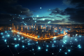 Wall Mural - Wireless network and Connection technology concept with Abstract buildings and city background