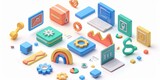 Fototapeta  - Isometric illustration of a modern digital workspace with vibrant 3d icons