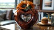   A heart-shaped sunflower rests atop a table, facing the couch