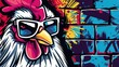   Close-up photo of rooster with sunglasses on brick wall with paint splatters