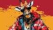   A giraffe in sunglasses and a red hoodie jacket
