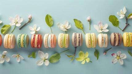 Sticker - Capture the vibrant beauty of colorful macarons or macarons arranged in a gift box adorned with apple blossom flowers against a light blue backdrop Experience a top down view of these tradi