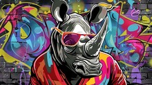   Rhinoceros In Sunglasses, T-shirt, Brick Wall Background With Graffiti
