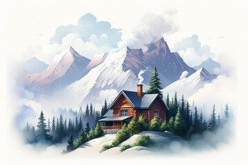 Wall Mural - A cozy mountain chalet nestled among snowy peaks with smoke rising from the chimney, isolated on solid white background.