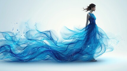 Sticker -   A woman in a blue dress stands before a field of blue smoke on a light blue backdrop