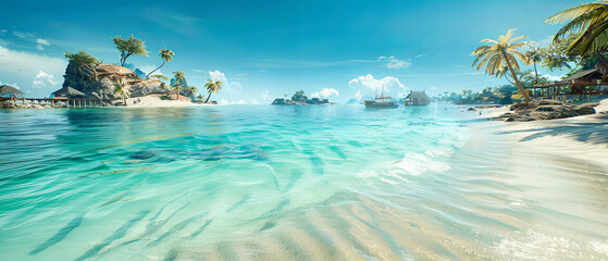 Wall Mural - Tropical Beach with Palm Trees and Clear Blue Water, Sunny Day in Maldives, Perfect Vacation Scene