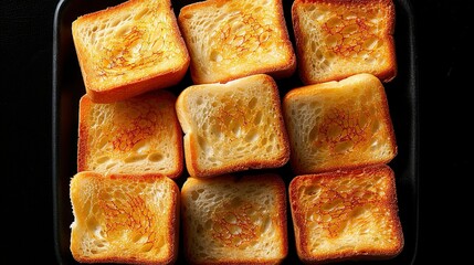 Poster -   Toasted bread stacked on a black countertop alongside a steaming cup of coffee on top of a pan