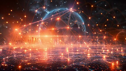 Leinwandbilder - Cityscape with glowing network lines and digital globe representing connectivity.
