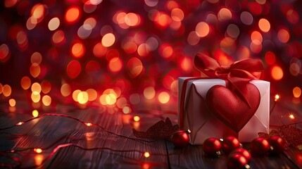 Sticker - Brighten up your Valentine s Day with a captivating banner featuring a gift box adorned with a red bow and heart shape against a festive lights backdrop Plenty of space for your text and de