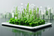 Sustainable city on a touchscreen digital tablet with icons set about architecture and environmental care