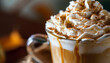 macro close-up of a latte with spices and whipped cream