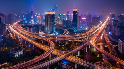 Aufkleber - Shanghai elevated road junction and interchange overpass at night, Shanghai China