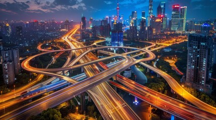 Aufkleber - Shanghai elevated road junction and interchange overpass at night, Shanghai China
