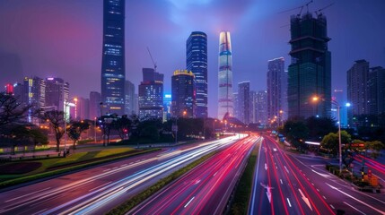 Aufkleber - Shenzhen city buildings at night and blurred car lights
