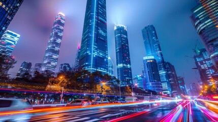 Aufkleber - Shenzhen city buildings at night and blurred car lights