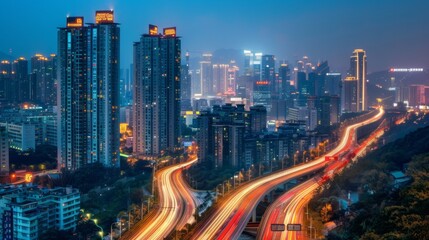 Aufkleber - Shenzhen city buildings at night and blurred car lights