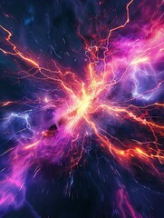 A captivating image of an intense electric lightning bolt explosion in a sci-fi style, featuring vibrant neon colors and dynamic motion blur. The surreal composition includes negative space, perfect