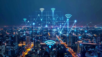 Poster - Smart city and communication network concept. 5G. IoT (Internet of Things). Telecommunication.