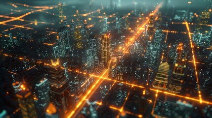 Leinwandbilder - Smart city with speed line glowing light trail surround the city. big data connection technology concept
