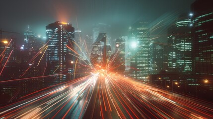 Leinwandbilder - Smart city with speed line glowing light trail surround the city. big data connection technology concept