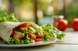 Tortilla wrap with chicken and fresh vegetables in plate on blurred background