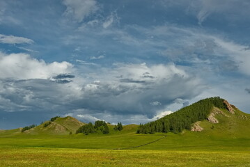 Poster - Russia. South of Western Siberia, Mountain Altai. Picturesque hilly mountains covered with a solid green carpet with many alpine flowers near the village of Ust-Kan.