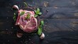 Whole Raw Lamb Shoulder Leg Meat with Garlic and Mint on Dark Wooden Background. Butcher's Delight