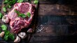 Whole Raw Lamb Shoulder Leg Meat with Garlic and Mint on Dark Wooden Background: Top View