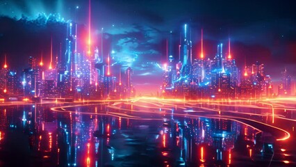 Aufkleber - The futuristic city showcases its advanced infrastructure with bright lights illuminating the urban landscape at night.