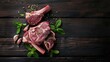 Top View of Raw Lamb Shoulder Meat with Garlic and Mint on Dark Wooden Background - Butcher's Cut