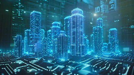 Fototapete - A city of the future illuminated in a striking blue hue, showcasing modern architecture and advanced technology.