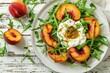 Rustic Grilled Peach Salad with Arugula and Burrata on White Distressed Wooden Background.