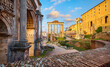 Roman Forum in Rome, Italy. Antique structures with columns. Wrecks of ancient italian roman town. Sunrise above famous architectural landmark Europe