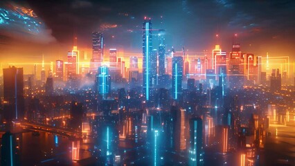 Aufkleber - A stunning twilight view of a neon-lit futuristic urban skyline.