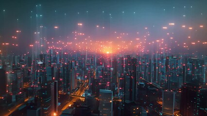 Poster - Cityscape bathed in neon hues as the sun sets below high-rise buildings.