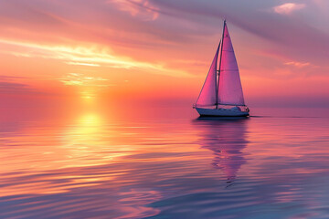 Wall Mural - A lone sailboat gliding across serene waters under a pastel sunset, isolated on solid white background.