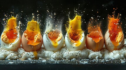 Sticker -   A row of orange-juice-and-sprinkle-covered eggs on a black background is displayed