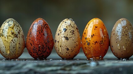 Wall Mural -   Row of colorful eggs on wooden table next to wall