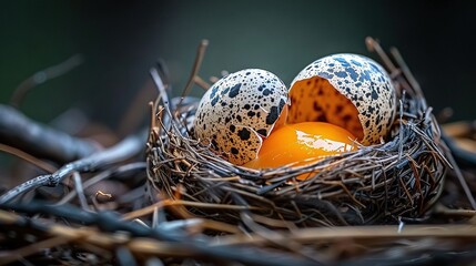 Poster -   A photo of a bird's nest with three eggs arranged in a circle